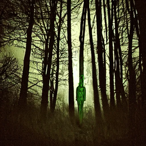 Image similar to grainy trail cam photo still of an alien in the woods at night hiding in the trees of a forest