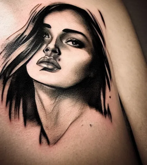 Prompt: tattoo design sketch of a beautiful woman face with a faded background of beautiful mountains and nature on the side, hyper - realistic, in the style of den yakovlev, amazing detail, black and white