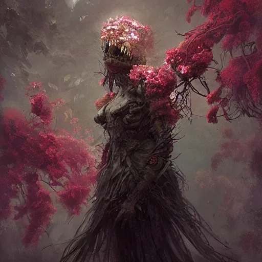 Image similar to a beautiful terrifying monster made out of flowers. ethereal horror fantasy art by greg rutkowski