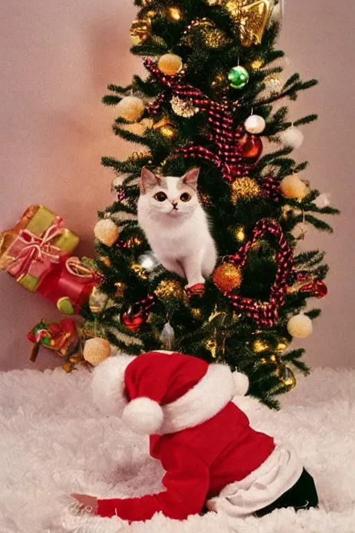 Image similar to retro photo cat in cute baby dress on the background of a retro christmas tree with 1 9 7 0 new year's toys, ussr, sovet ; kodak ektar, 2 0 0 iso, 3 5 mm lens, bill henson style beautiful chiaroscuro lighting, beautiful colour palette, beautiful and realistic, wide shot