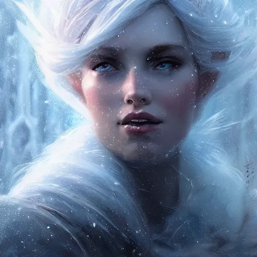 Image similar to a beautiful portrait of an winter goddess with ice hair by Greg Rutkowski and Raymond Swanland, snowflakes falling, Trending on Artstation, ultra realistic digital art