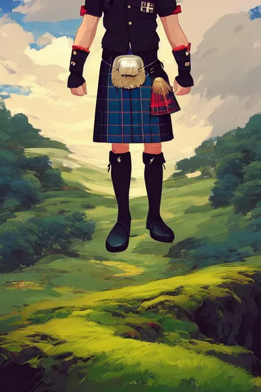 Image similar to a scottish scotland man in a kilt, centered, castle scotland background, median photoshop filter cutout vector behance, hd by artgerm, jesper ejsing, by rhads, makoto shinkai and lois van baarle, ilya kuvshinov, rossdraws, illustration, art by ilya kuvshinov and gustav klimt