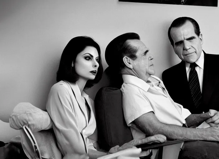 Image similar to Morena Baccarin and Richard Nixon doing Heroin, photograph by Harry Benson, 4K Studio photo