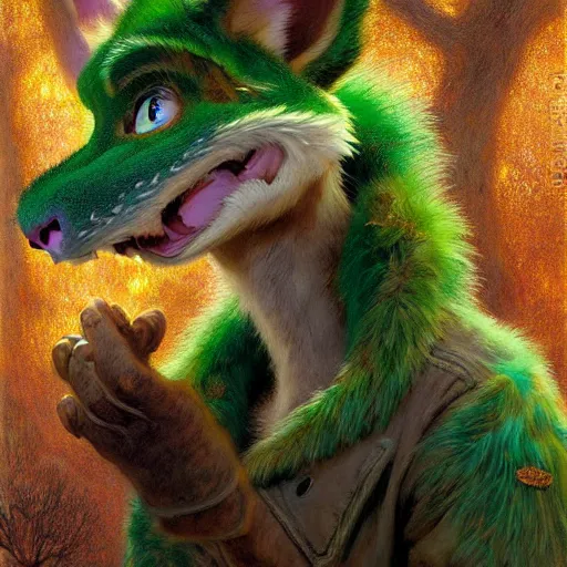 Image similar to a portrait of a male green furry dragon in hillbilly clothes at night in a dark forest. zootopia fursona furaffinity furry art detailed face painting by gaston bussiere craig mullins jc leyendecker gustav klimt artgerm greg rutkowski furry