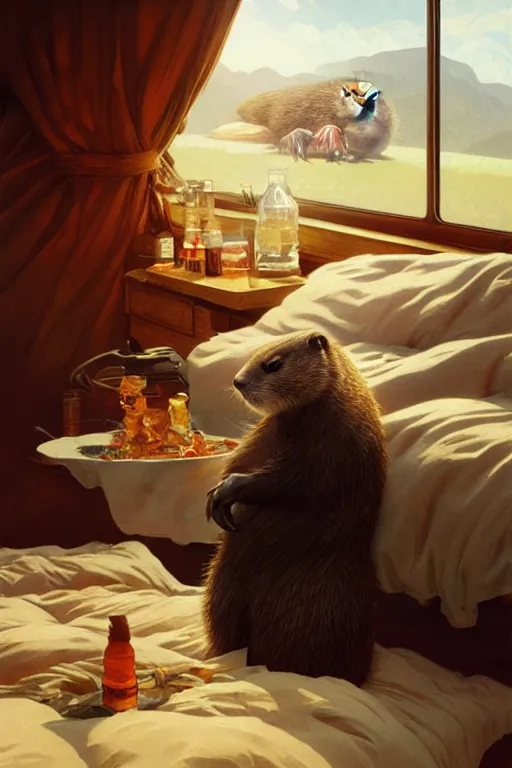 Image similar to groundhog cooking meth lies on the bed, realistic portrait, highly detailed, digital painting, artstation, concept art, smooth, sharp focus, illustration, cinematic lighting, art by artgerm and greg rutkowski and alphonse mucha