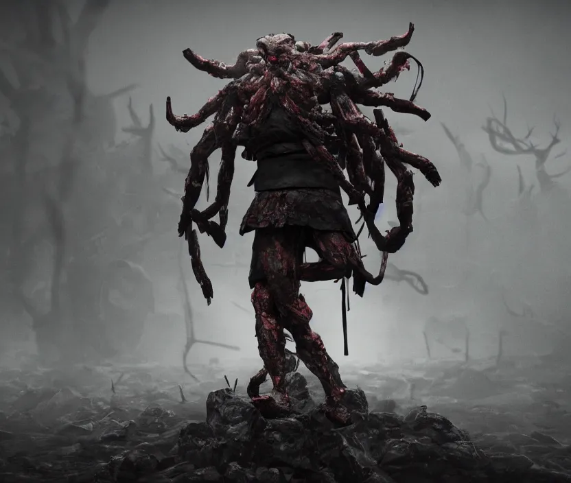 Image similar to samurai standing on a bunch of bodies with 6 arms , gloomy and foggy atmosphere, octane render, artstation trending, horror scene, highly detailded