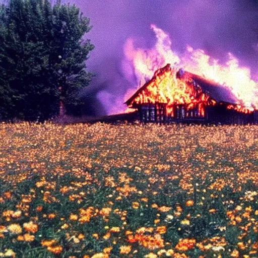 Image similar to vhs 1 9 8 0 s footage of a scene from the movie midsommar a - line shaped wooden building on fire, field of flowers