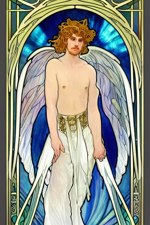 Prompt: full figure art nouveau window depicting a male angel with curly blond hairs, dressed with fluent clothes, majestic wings, luminous halo, by alfons mucha, d & d character, gradient white to gold, in front of an iridescent background, highly detailed portrait, digital painting, artstation, concept art, smooth, sharp focus, illustration, artstation hq