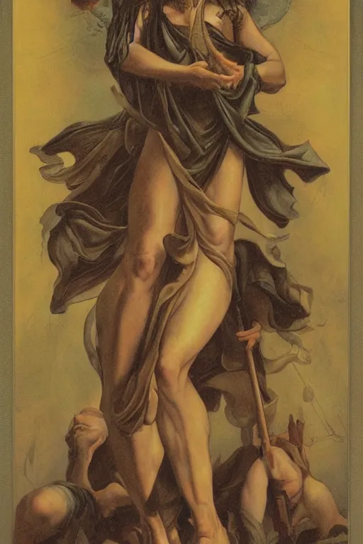 Prompt: strenght tarot card by roberto ferri and Austin Osman spare