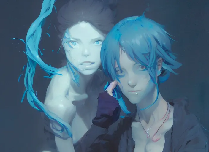 Prompt: a woman made out of blue slime, semi transluscent, perfect art, trending on pixiv, painted by greg rutkowski makoto shinkai takashi takeuchi, akihiko yoshida