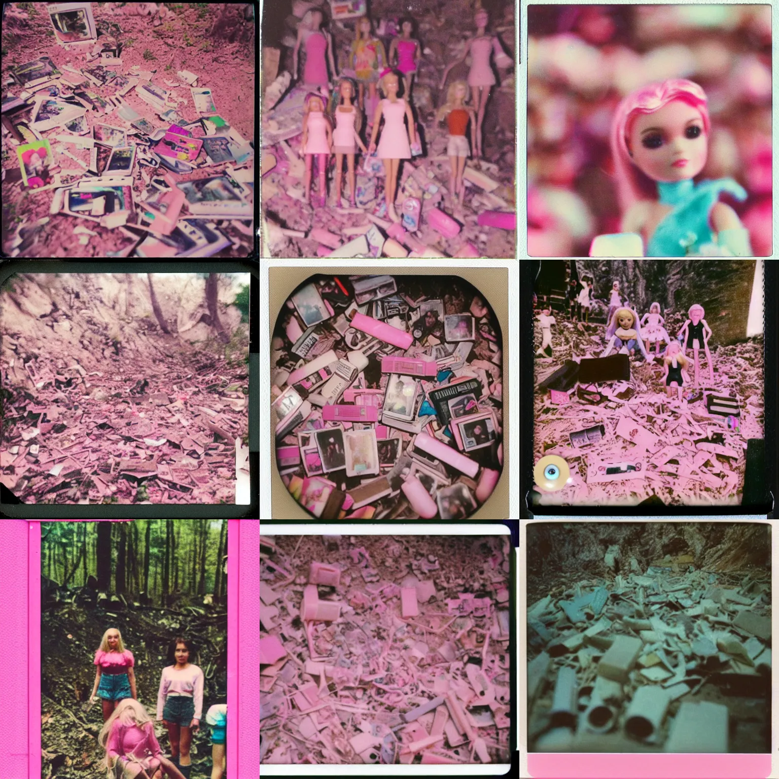 Prompt: instax polaroid film photo of thousands of pink barbie VHS tapes and dolls found in a cave, nostalgia, faded glow, expired film analog photography