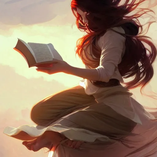 Image similar to a girl reading a book, dynamic action pose, hair flowing down, intricate, highly detailed, digital painting, artstation, concept art, smooth, sharp focus, illustration, Unreal Engine 5, 8K, art by artgerm and greg rutkowski and alphonse mucha