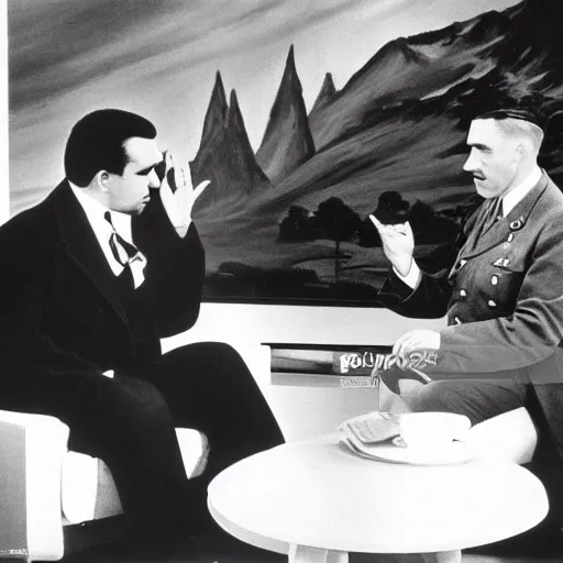 Image similar to bob ross interviewing adolf hitler, photography, germany, tv show,