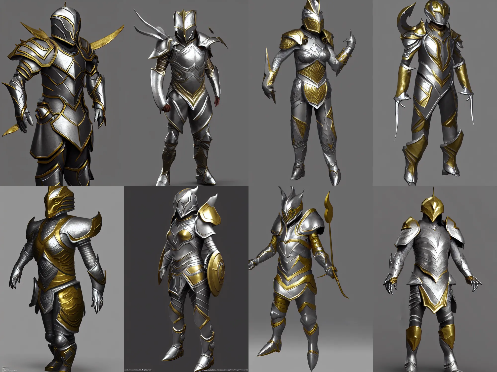 Prompt: render of awesome fantasy hero armor, silver with gold trim, hyperrealistic, extremely clean, flat shading, exaggerated proportions, trending on Artstation, fantasy character concept, HD Octane render, 8k