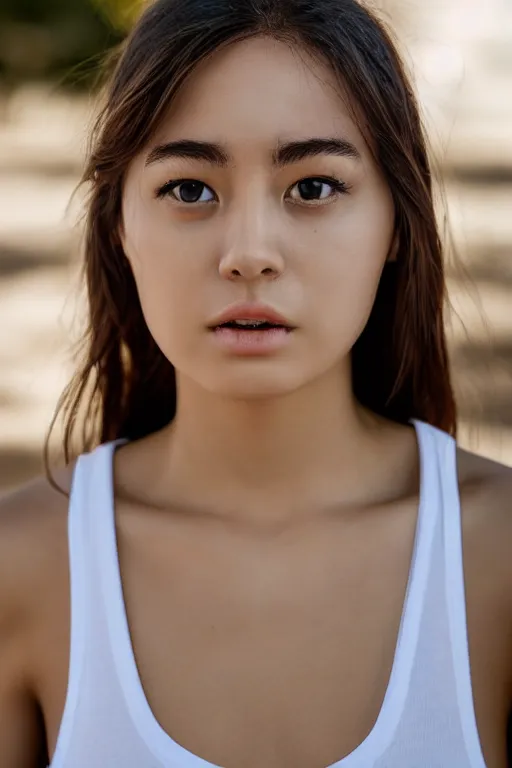 Image similar to 2 4 year old symmetrical female wearing white v - neck top, neck zoomed in from lips down, photo realistic, extreme detail skin, no filter, slr, golden hour, 4 k, high definition, photograph, selfie