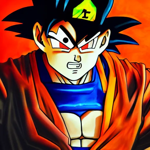 Prompt: an oil painting of a goku wearing a hip - hop rap hat drawn by frank frazetta, hd, hdr, ue 5, ue 6, unreal engine 5, 3 d, cinematic 4 k wallpaper, 8 k, ultra detailed, high resolution, artstation, award - winning pencil drawing