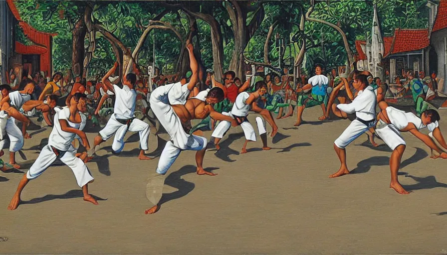 Image similar to capoeira, painting by escher
