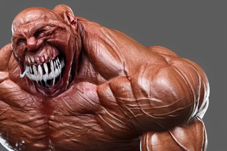 Prompt: a giant disgusting body builder made of muscles and flesh, very angry, teeth, ambient light, terror, glows, realistic, photo-realism, hyper realism, picture, detailed, 3D render, scary, distant shot, in the distance,