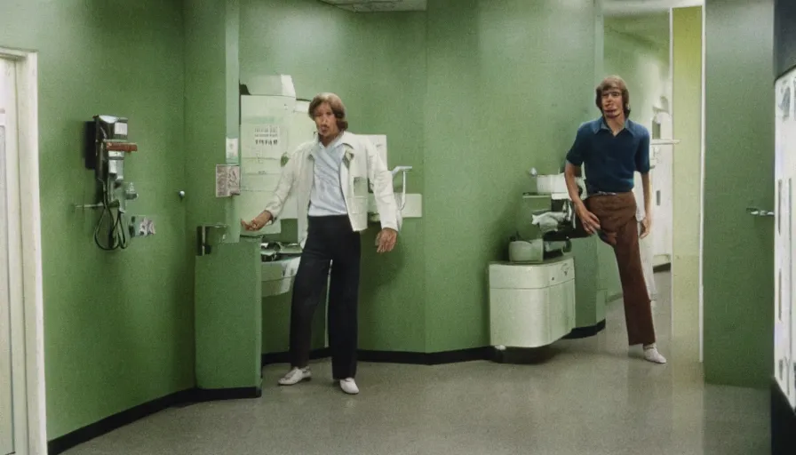 Prompt: 70s movie still of a ill skinny man in a green wall hospital, eastmancolor, heavy grain, high quality, higly detailed, liminal space