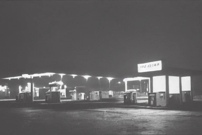 Image similar to “ gas station, night, fog, 1 9 0 0 ’ s photo ”