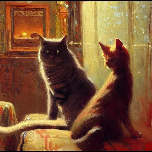 Prompt: a cat watching movie, painting by gaston bussiere, craig mullins