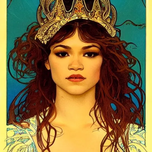 Prompt: zendaya portrait by louis - theophile hingre and alphonse mucha, realistic, sharp focus, zodiac signs, tarot cards, planets, ethereal, art nouveau, magic, moon, sun, crown, dreamy, royal, jewellery