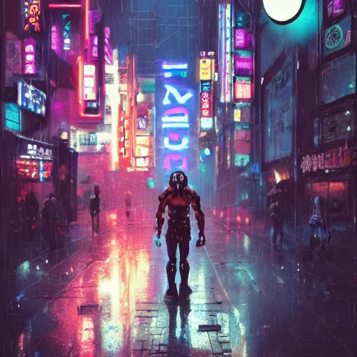 Image similar to cyborg caveman on the streets of tokyo, with neon lights, while it's raining, stephen bliss, unreal engine, fantasy art by greg rutkowski, loish, rhads, ferdinand knab, makoto shinkai, ilya kuvshinov, rossdraws, global illumination, radiant light, detailed and intricate environment