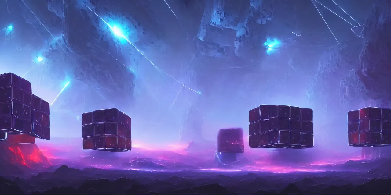 Image similar to a fleet of giant glowing futuristic cubes tied to each other with lots of glowing chains in the sky, thick glowing chains, light rays bouncing between cubes, a fantasy magical landscape seen in the distance, atmospheric lighting, intricate, volumetric lighting, beautiful, sharp focus, ultra detailed, in the art style of marc simonetti, bowater charlie and brom gerald, astrophotography