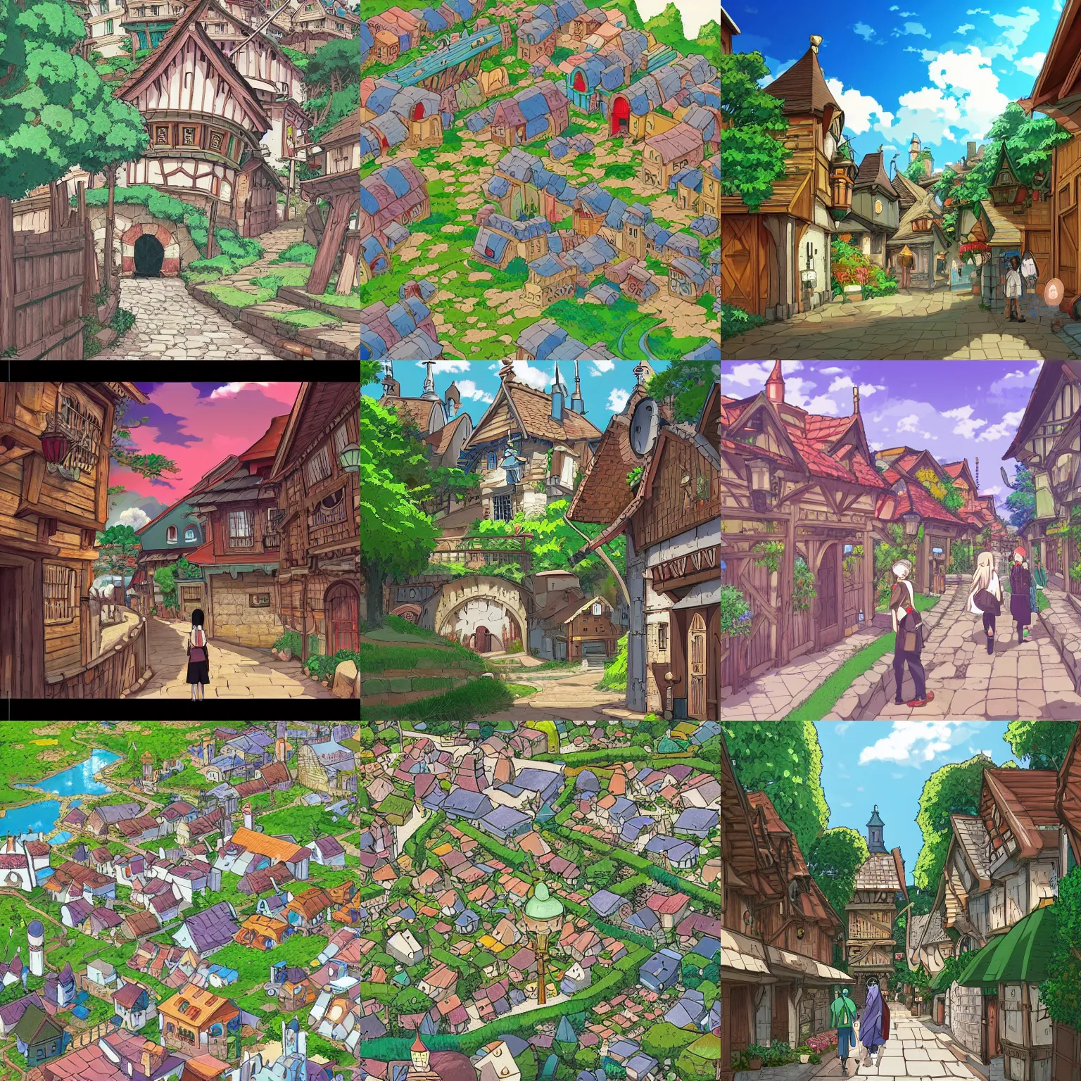 Prompt: anime illustration of neo medieval fantasy village, studio ghibli, vibrant, flat colours, ultradetailed, artstation, 4 k, street level view