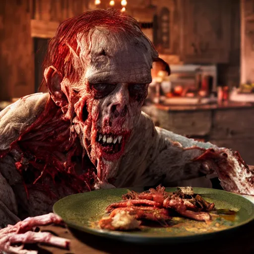 Image similar to an ultra realistic 8 k hdr photo of an elderly haggered raggedy zombie vampire eats a plate of skin and meat and blood and bones and tendons scary picture