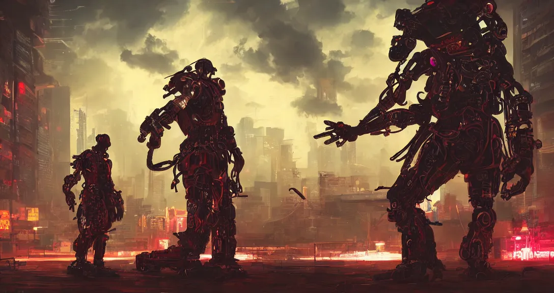 Image similar to cyberpunk robot samurai fighting cyborg cowboy, neon, apocalyptic, intricate, detailed, volumetric lighting, scenery, digital painting, highly detailed, artstation, sharp focus, illustration, concept art