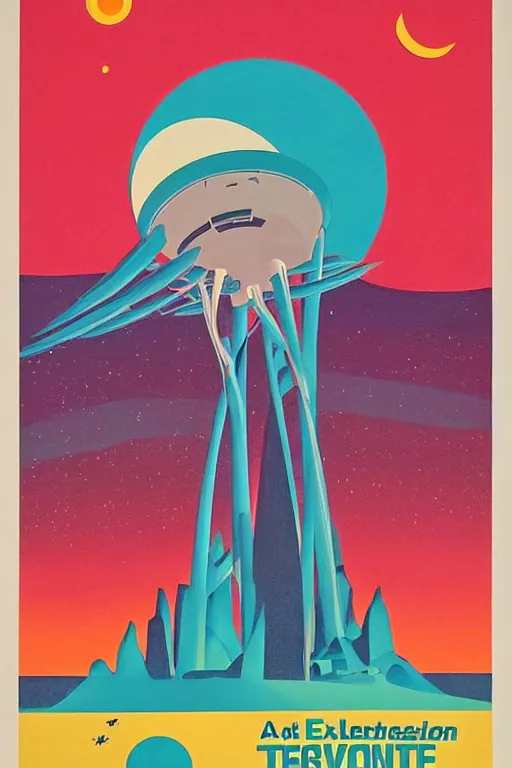 Image similar to 7 0 s travel poster for an extraterrestrial planet destination