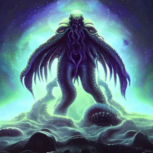 Image similar to cosmic cthulhu in space, by lovecraft, details face, detailed body, realistic body proportions, unreal engine, by popular digital artist, digital, artstation, detailed body, heavenly atmosphere, digital art, overdetailed art, trending on artstation, cgstudio, the most beautiful image ever created, dramatic, award winning artwork, beautiful scenery