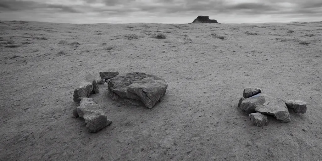 Image similar to a breathtaking surreal render of windswept dunes scandinavian landscape, a withered ancient altar + stone in center in focus, blue tint, ultra wide shot, cinematic, 8 k, photorealistic, dramatic lighting