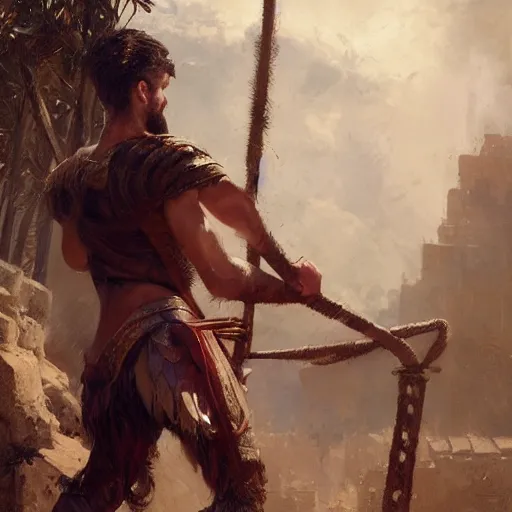 Image similar to young gladiator man with a trim beard, athletic, dopey expression, holding a net, fantasy character portrait by greg rutkowski, gaston bussiere, craig mullins