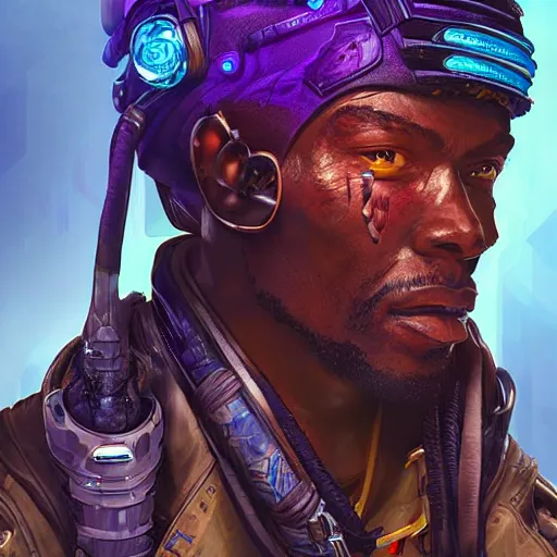 Prompt: a cyberpunk zulu hunter, Apex Legends character digital illustration portrait design, by android jones, detailed, cinematic lighting, wide angle action dynamic portrait