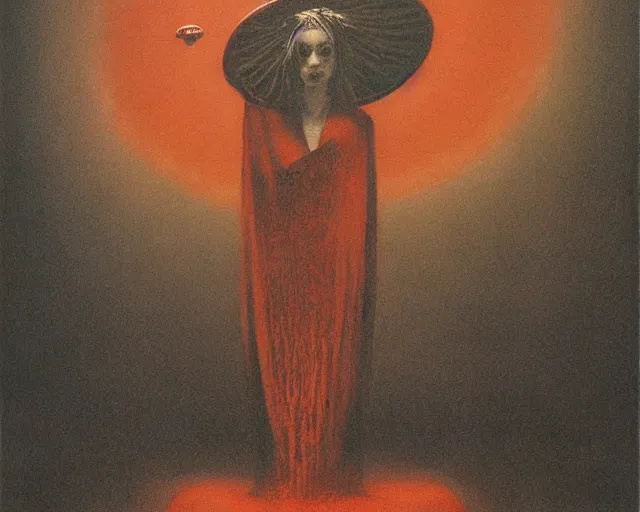 Image similar to lamprey by francis bacon, beksinski, mystical redscale photography evocative. devotion to the scarlet woman in her cathedral, priestess in a conical hat, coronation, ritual, sacrament