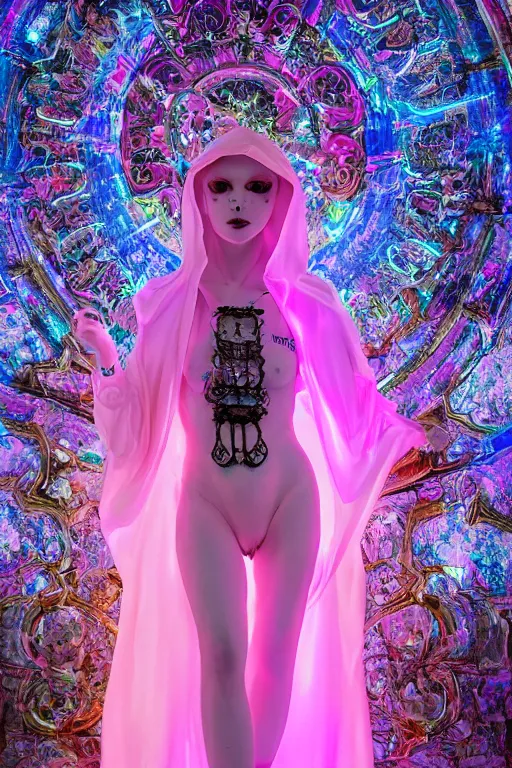 Image similar to photo of full-body baroque and cyberpunk delicate neon crystalline sculpture of ((beautiful feminie albino Italian princess )) as an onyx humanoid deity wearing ((peach plastic hooded cloak)) (holding an onyx skull) in a onyx aztec temple, reclining, glowing blue face, crown of (pink lasers), large blue diamonds, swirling black silk fabric. futuristic elements. oozing glowing liquid, full-length view. space robots. intricate artwork by caravaggio. Trending on artstation, octane render, cinematic lighting from the right, hyper realism, photorealistic, octane render, 8k, depth of field, 3D