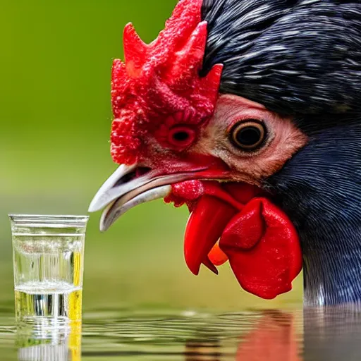 Prompt: close up photo of a chicken, drinking water from a lake in tasmania, bokeh, 4 0 0 mm lens, 4 k award winning nature photography