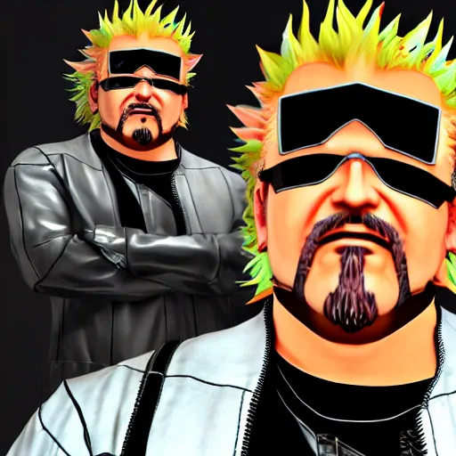 Prompt: Guy Fieri as a Metal Gear Solid Villain 2005 JRPG cinema 4d render, Ray tracing reflection, natural lighting, Unreal Engine award winning photography