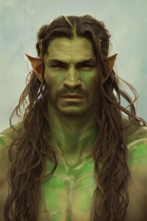 Prompt: a highly detailed portrait painting of an orc barbarian male, long brown hair with braids, long elf ears, green skin, by greg rutkowski and alphonse mucha, sharp focus, matte, concept art, artstation, digital painting