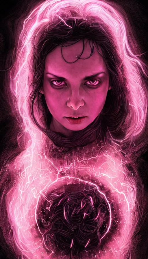 Image similar to door to the soul, furious gorgeous woman, glowing pink black hair, face covered in dirt, lord of the rings ,neon, fibonacci, sweaty, insane, intricate, highly detailed, digital painting, artstation, concept art, smooth, sharp focus, illustration, Unreal Engine 5, 8K, art by artgerm and greg rutkowski and alphonse mucha