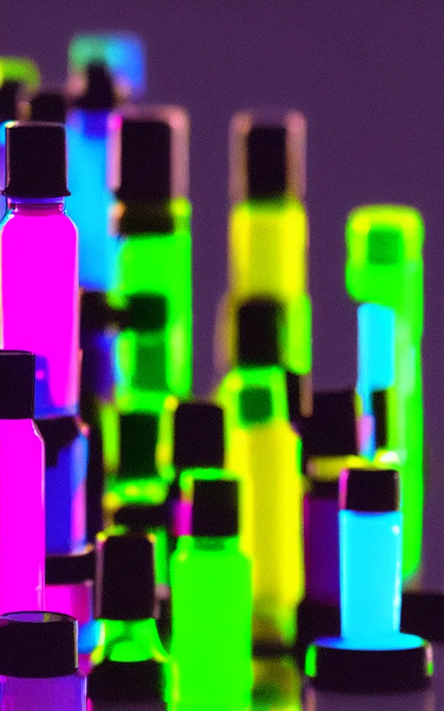 Prompt: a set of paint vials full of fluorescent neon dye on top of a color scientist's lab bench, sci - fi, concept art, in the style of max chroma colorists