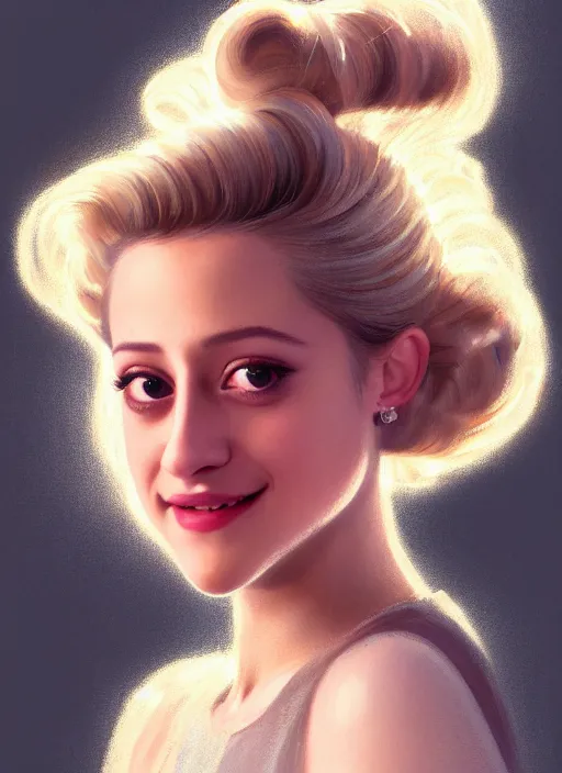 Image similar to portrait of lili reinhart with fluffy bangs, smiling kindly, bangs, 1 9 6 0 s, ponytail, curly bangs and ponytail, rounder face, intricate, elegant, glowing lights, highly detailed, digital painting, artstation, concept art, smooth, sharp focus, illustration, art by wlop, mars ravelo and greg rutkowski