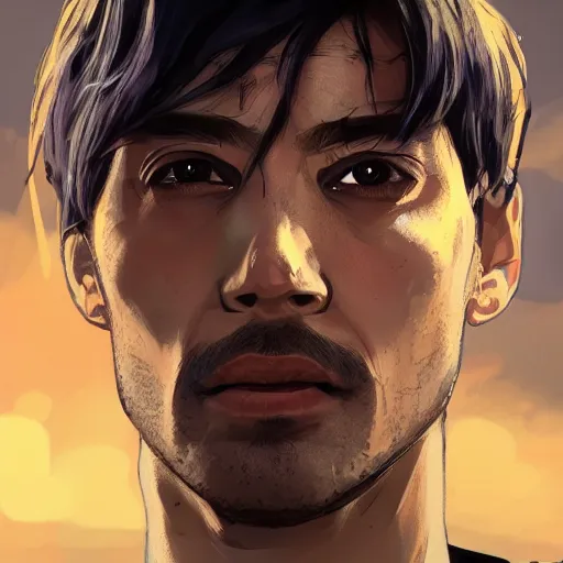 Image similar to [UHD Merlin as a GTA character on the streets of futuristic laserpunk Dallas, correct face, intricate facial details, symmetrical face, elegant, graphic detail, digital painting, trending on artstation, concept art, tonalism, sharp focus, illustration, art by Akira Toriyama and Greg Rutkowski and Alphonse Mucha]