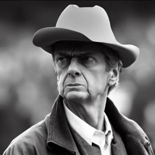 Image similar to Arsene Wenger as a Cowboy, epic quality, sharp focus, western, movie still, 8k, yellow tint, dramatic,