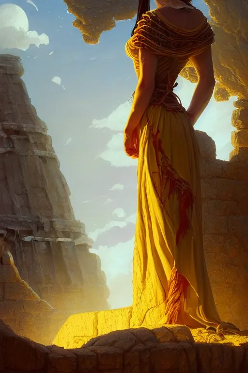 Prompt: possessed woman wearing an ancient greek tunic made of yellow paper, stephen bliss, unreal engine, fantasy art by greg rutkowski, rhads, ferdinand knab, makoto shinkai and lois van baarle, ilya kuvshinov, rossdraws, tom bagshaw, global illumination, radiant light, ancient greek temple ruins, red blue color theme