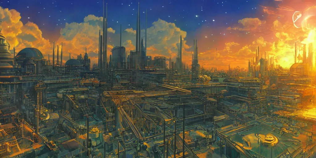 Prompt: fusion reactor, wonderous and magical, in an urban setting, sunset, by Studio Ghibli, Ivan Shishkin and Greg Rukowski