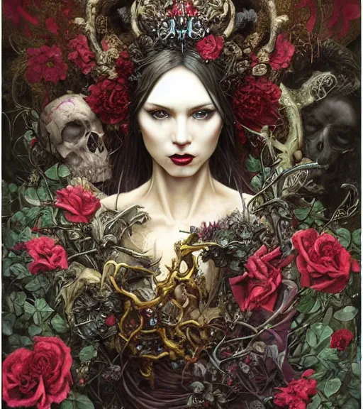 Image similar to portrait of the supreme queen of the blood cult, surrounded by skulls and overgrowth and dark flowers by karol bak, Akihiko Yoshida, Yoshitaka Amano,Marc Simonetti, WLOP, James Jean!, tom bagshaw, rococo, trending on artstation, fantasy magic fashion queen, glossy eyes, face, elegant, highly detailed, digital painting, concept art, smooth, sharp focus, illustration, cinematic lighting, hyper realism, octane render, 8k, hyper detailed.