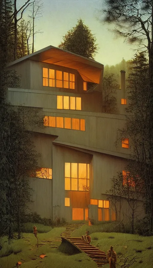 Image similar to cozy ultra modern home in the woods moody lighting, highly detailed, painting by zdzisław beksinski and norman rockwell and greg rutkowskiweta studio, and lucasfilm